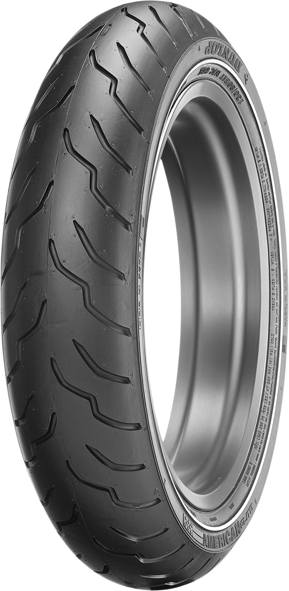 Dunlop American Elite front motorcycle tire with narrow whitewall, 130/80B17 size, for Harley-Davidson bikes.