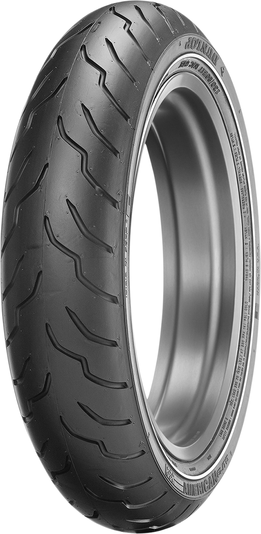 Dunlop American Elite front motorcycle tire with narrow whitewall, 130/80B17 size, for Harley-Davidson bikes.
