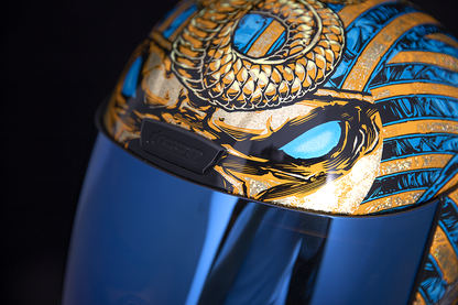 Bill's Exhausts ICON Airform Pharaoh Gold helmet in XL size, featuring a sleek design and detailed gold finish.