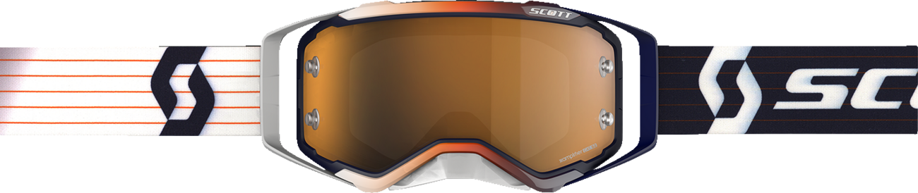 Scott Prospect Amplifier Goggles in blue and white with gold chrome accents, designed for motorcycle engine protection and style.