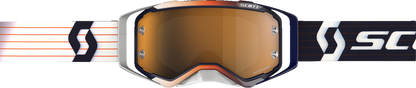 Scott Prospect Amplifier Goggles in blue and white with gold chrome accents, designed for motorcycle engine protection and style.