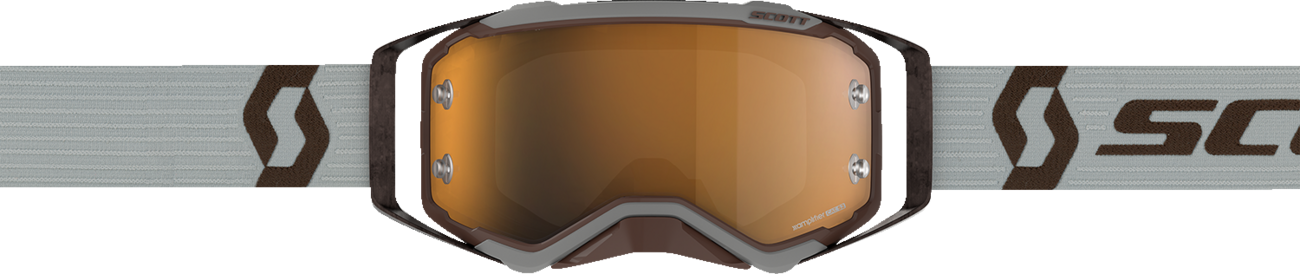 Scott Prospect Amplifier Goggles in gray and brown with gold chrome accents, designed for motorcycle riding.