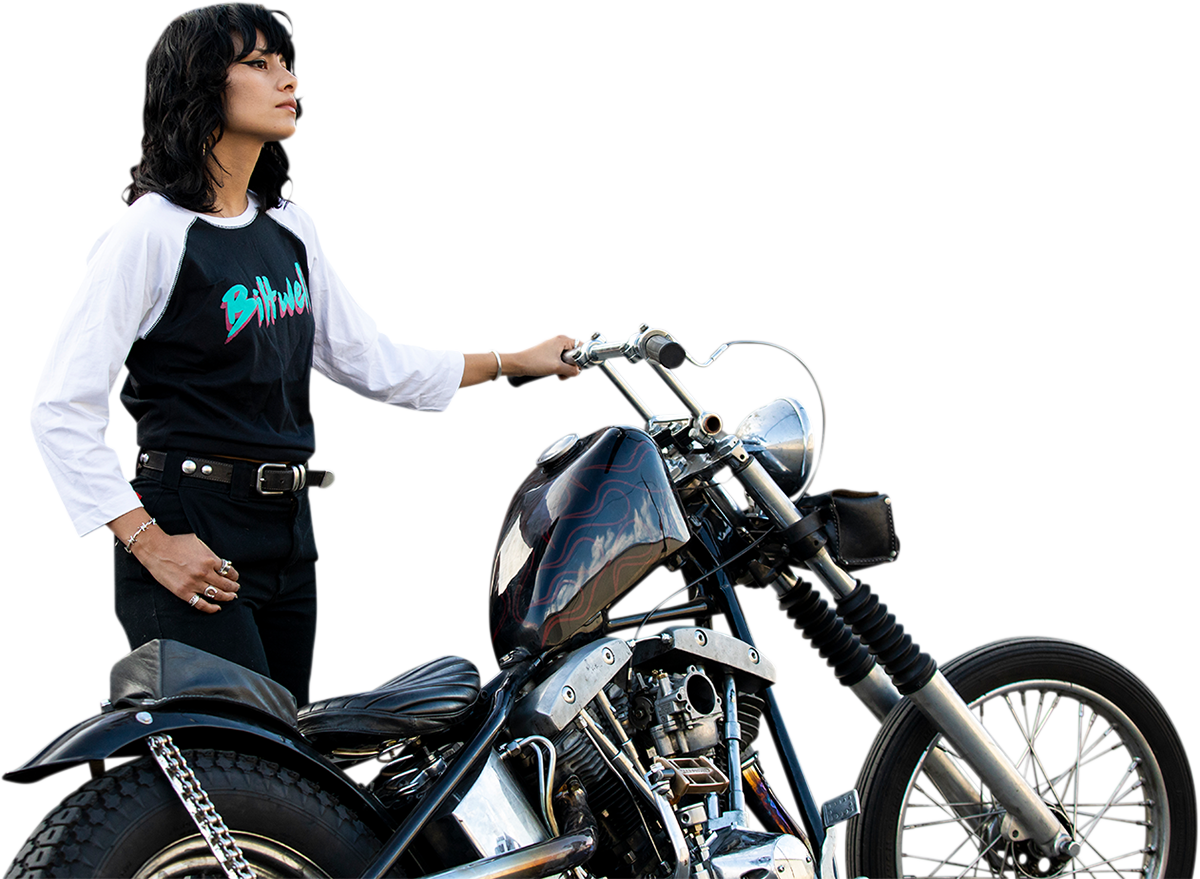 Black and white BILTWELL women's 1985 raglan T-shirt, medium size, with classic baseball style design and comfortable fit.