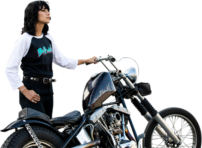 Black and white BILTWELL women's 1985 raglan T-shirt, medium size, with classic baseball style design and comfortable fit.