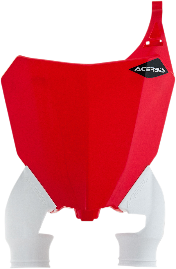 Acerbis Raptor number plate in red and white with black accents, designed for motorcycle body customization.