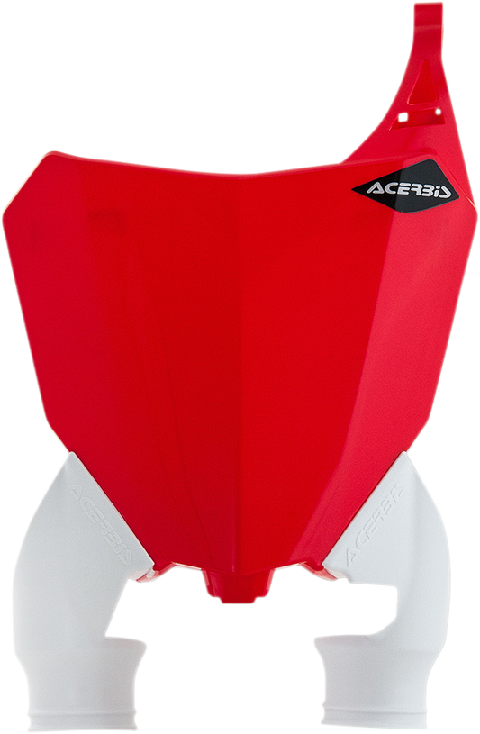 Acerbis Raptor number plate in red and white with black accents, designed for motorcycle body customization.