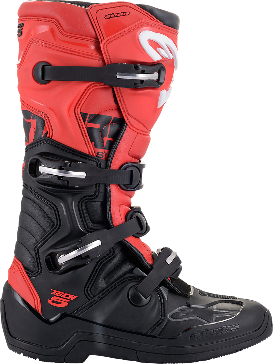 Alpinestars Tech 5 motorcycle boots in black and red, US size 12, featuring durable construction and protective design.