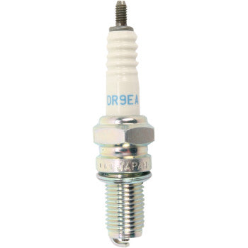 NGK DR9EA spark plug for motorcycles and powersports, showing the standard resistor plug with metal and ceramic components.