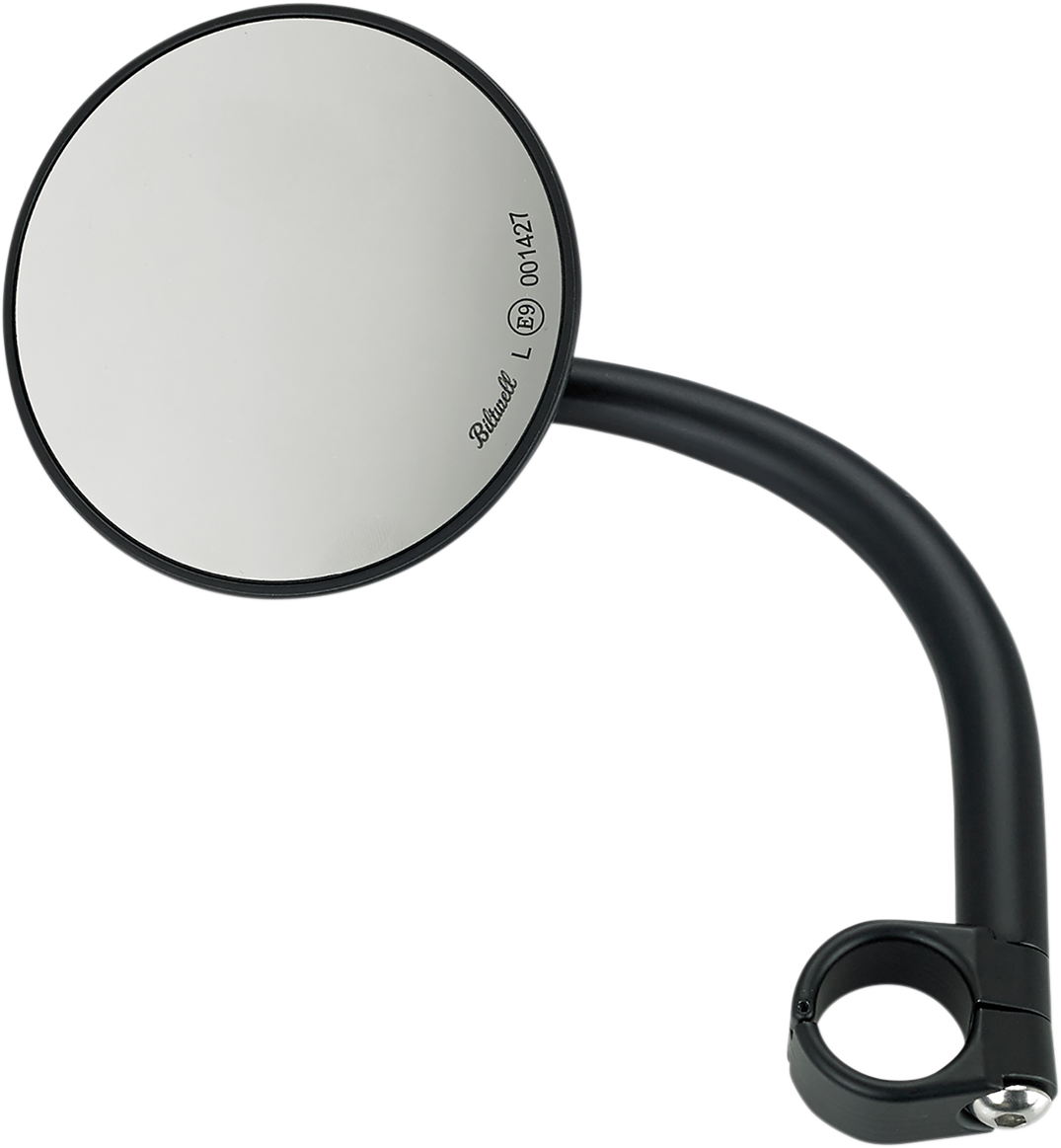 Black round BILT WELL motorcycle mirror with mount, featuring a sleek design and reflective glass for clear rear visibility.