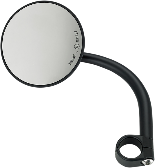Black round BILT WELL motorcycle mirror with mount, featuring a sleek design and reflective glass for clear rear visibility.