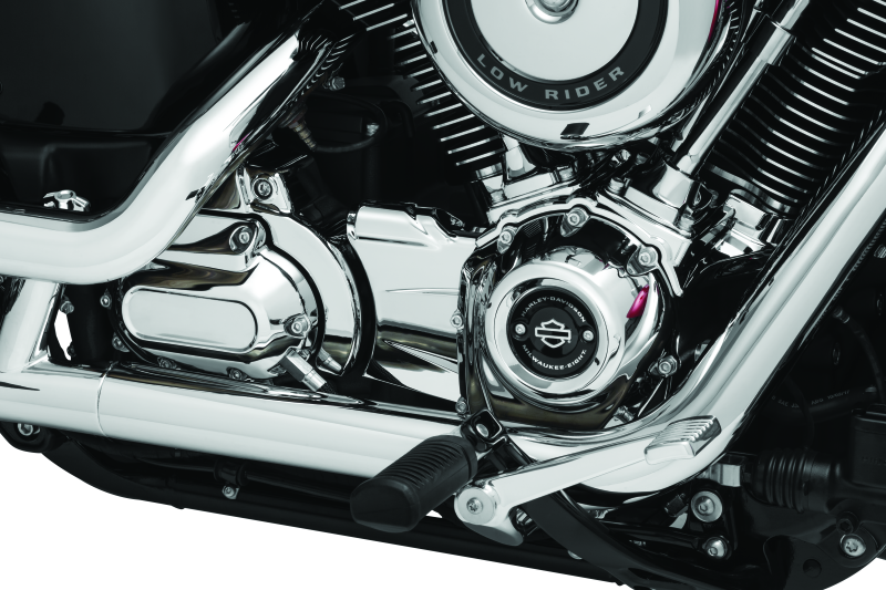 Kuryakyn Chrome Precision Tranny Shroud for Harley-Davidson 2018-2019 models, showcasing the shiny, detailed transmission cover.