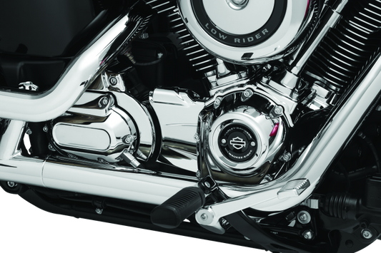 Kuryakyn Chrome Precision Tranny Shroud for Harley-Davidson 2018-2019 models, showcasing the shiny, detailed transmission cover.