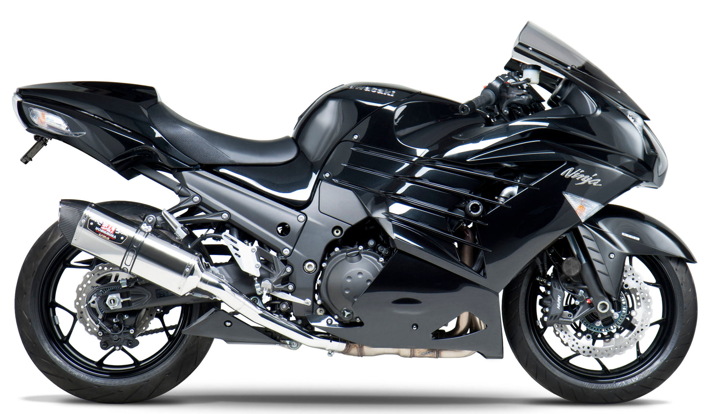 YOSHIMURA Race R 77 Slip-On exhaust for motorcycle, stainless steel and carbon fiber finish, with dual muffler design.