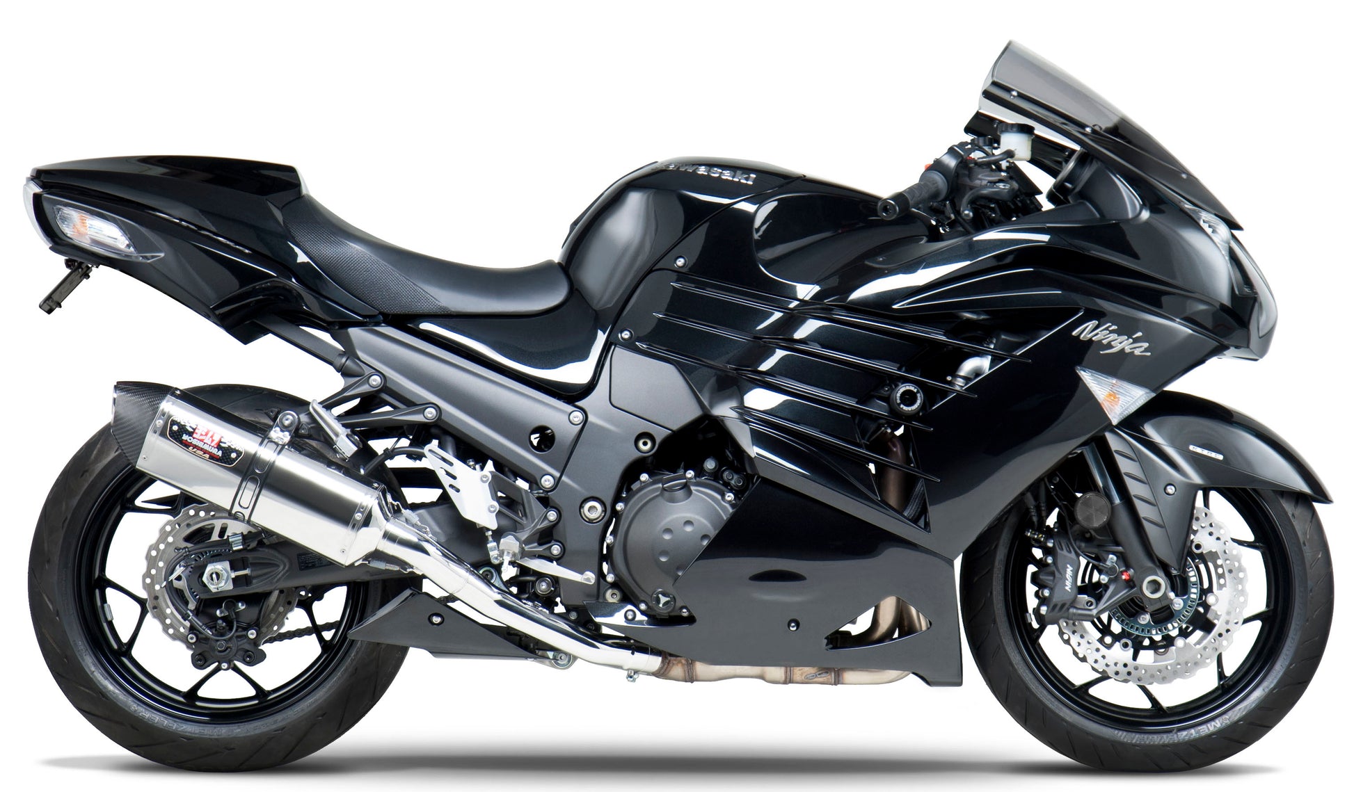 YOSHIMURA Race R 77 Slip-On exhaust for motorcycle, stainless steel and carbon fiber finish, with dual muffler design.