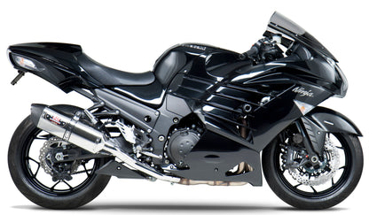 YOSHIMURA Race R 77 Slip-On exhaust for motorcycle, stainless steel and carbon fiber finish, with dual muffler design.