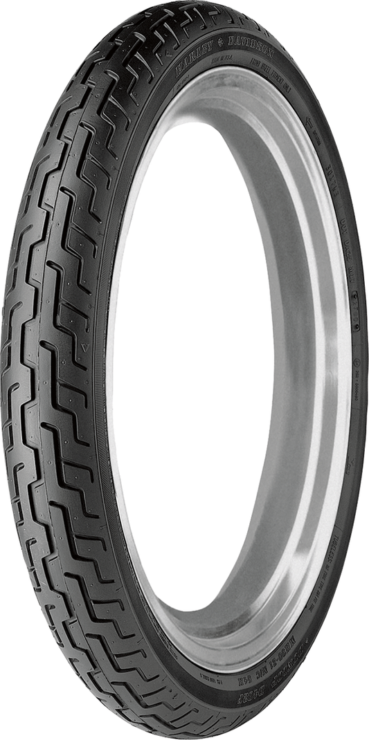DUNLOP D402 front motorcycle tire 130/70B18, 63H with Harley-Davidson co-brand, showing the tread pattern and sidewall details.