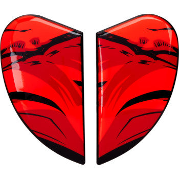 Red ICON Airform™ Side Plates for helmets, featuring Bill's Exhausts branding, shown on a motorcycle helmet.