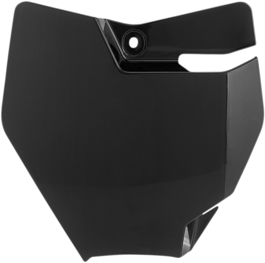 Black Acerbis front number plate mounted on a motorcycle body, featuring the Acerbis brand logo and sleek design.