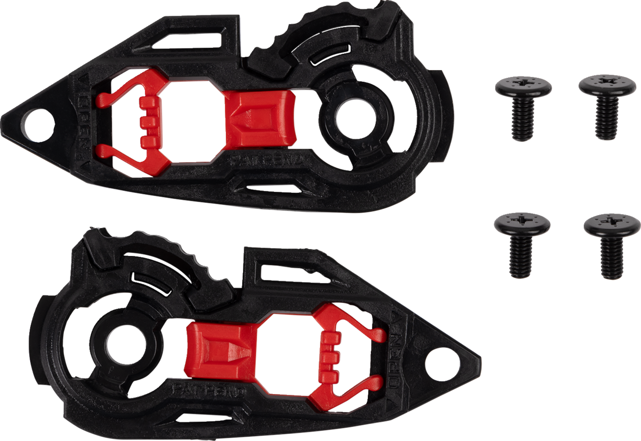 Black AGV K3 helmet visor mechanism kit, part number 2018600002001, showing the assembly components for helmet visor attachment.