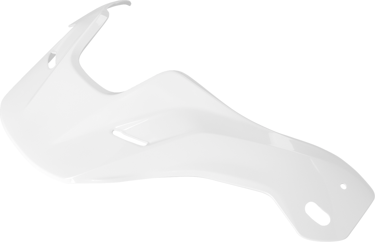 White ARAI XD-5 motorcycle helmet with peak visor, featuring aerodynamic design and secure chin strap for safety and comfort.