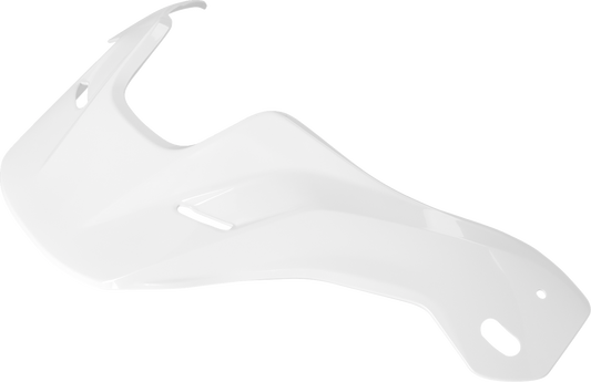 White ARAI XD-5 motorcycle helmet with peak visor, featuring aerodynamic design and secure chin strap for safety and comfort.