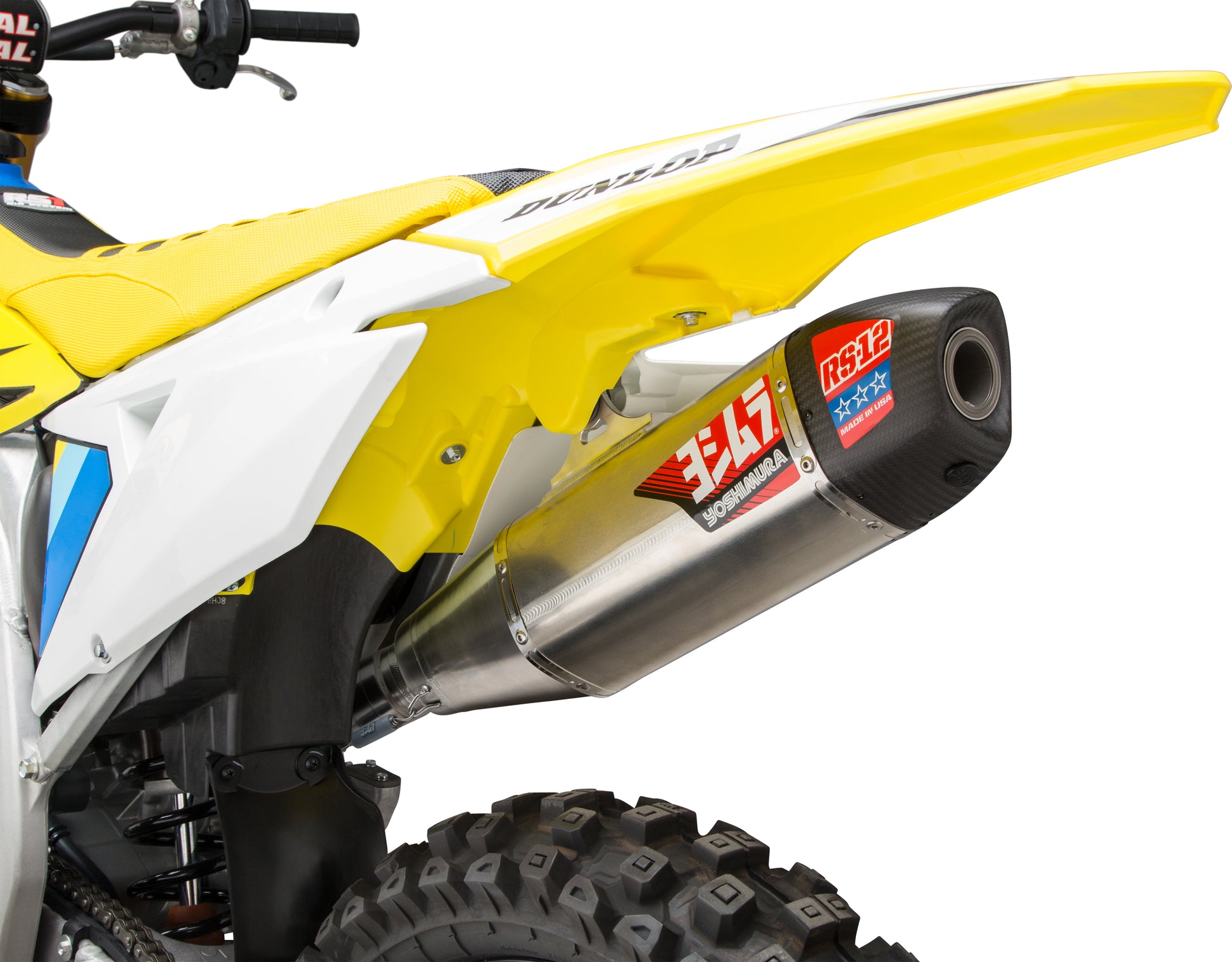 YOSHIMURA RS-12 Signature Series exhaust system for dirt bikes with stainless steel aluminum body and carbon fiber end cap.