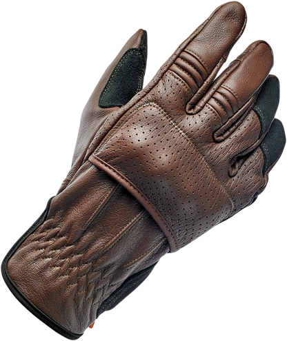BILT WELL Borrego gloves in chocolate and black, large size, featuring leather construction and reinforced knuckles for motorcycle riding.
