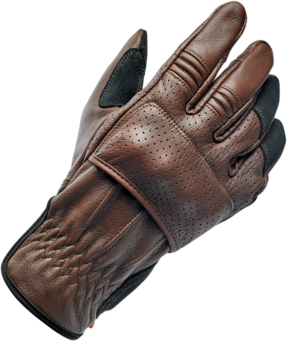 BILTWELL Borrego Gloves in chocolate and black, 2XL, featuring durable leather construction and reinforced palms for motorcycle riding.