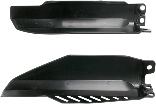 Black Acerbis lower fork covers for motorcycle suspension, designed to fit with Bill's Exhausts body components.