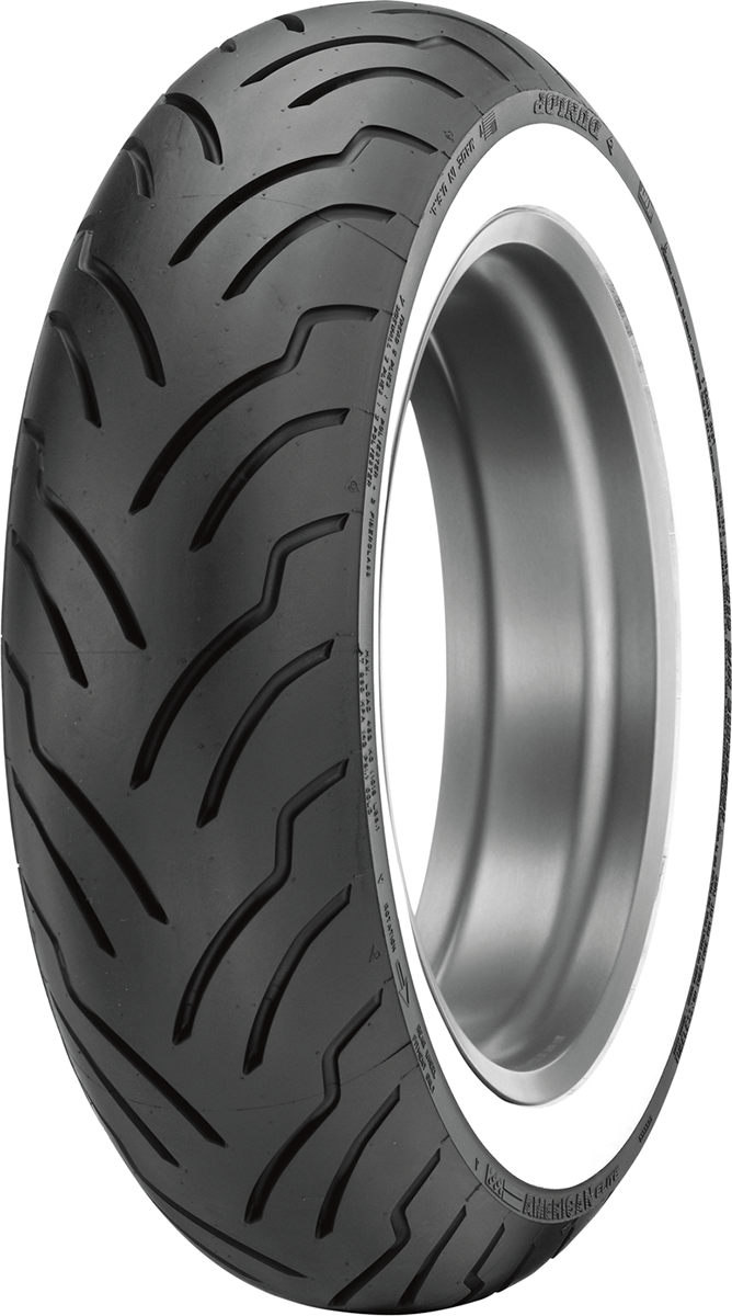 DUNLOP American Elite rear motorcycle tire 180/65B16 with wide whitewall for Harley-Davidson® motorcycle.