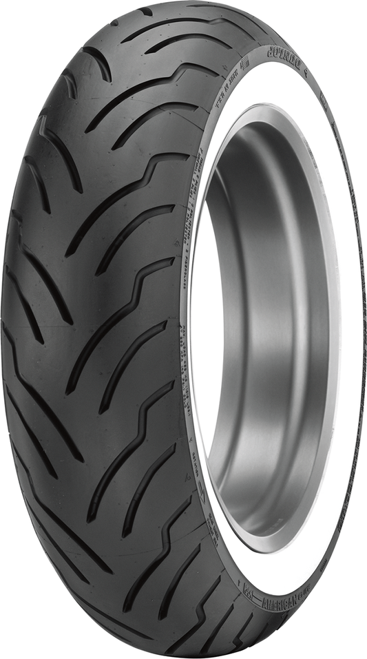 DUNLOP American Elite rear motorcycle tire 180/65B16 with wide whitewall for Harley-Davidson® motorcycle.