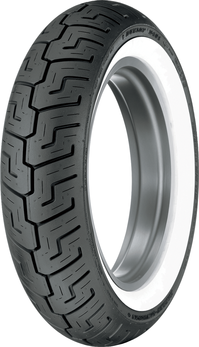 DUNLOP D401 rear motorcycle tire with 150/80B16 size and wide whitewall, featuring Harley Davidson branding.