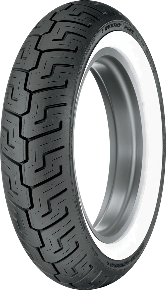 DUNLOP D401 rear motorcycle tire with 150/80B16 size and wide whitewall, featuring Harley Davidson branding.