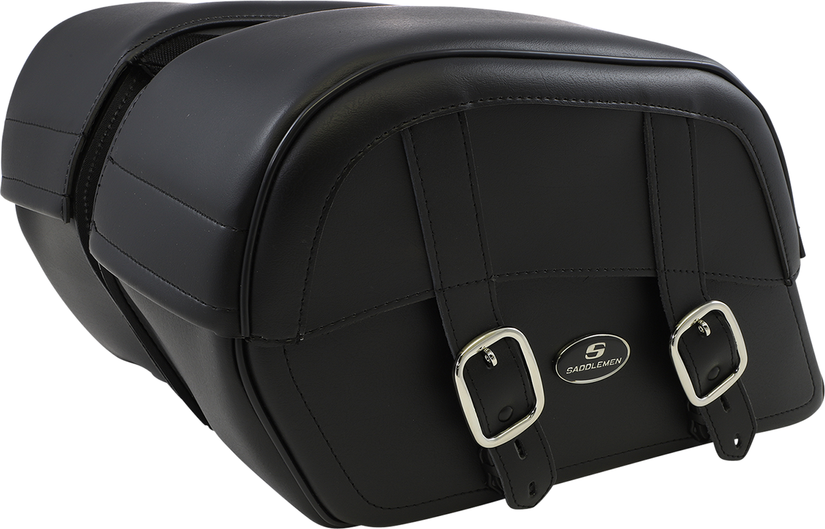 Bill's Exhausts Saddlemens Drifter Slant Saddlebags - Jumbo 3501-0320 seat with black leather and metal buckles for motorcycle riding.