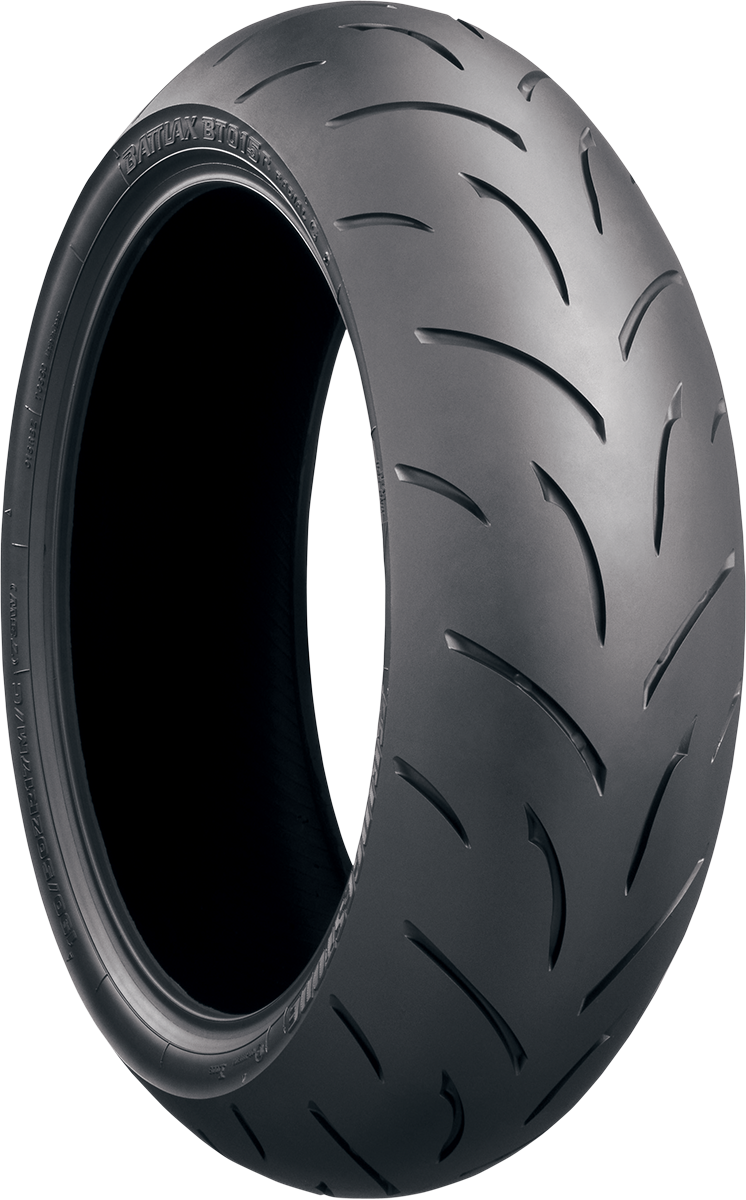 BRIDGESTONE Battlax BT015-E rear motorcycle tire 180/55ZR17 with tread pattern and sidewall branding.