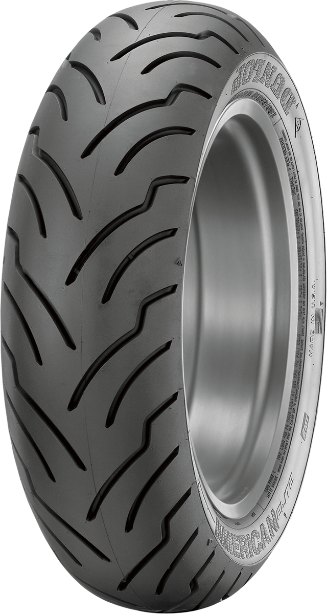 Dunlop American Elite rear motorcycle tire for Harley-Davidson, 160/70B17 size, with tread pattern visible on black rubber tire