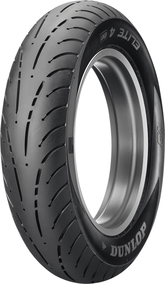 Dunlop Elite 4 rear motorcycle tire 150/80B16 77H with excellent grip and high mileage, shown mounted on a motorcycle wheel.