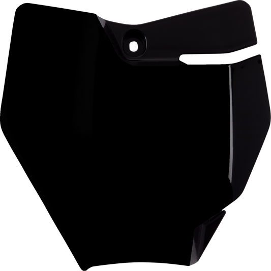A black Acerbis front number plate for motorcycle, mounted on a bike frame, with sleek body design and clear mounting points.