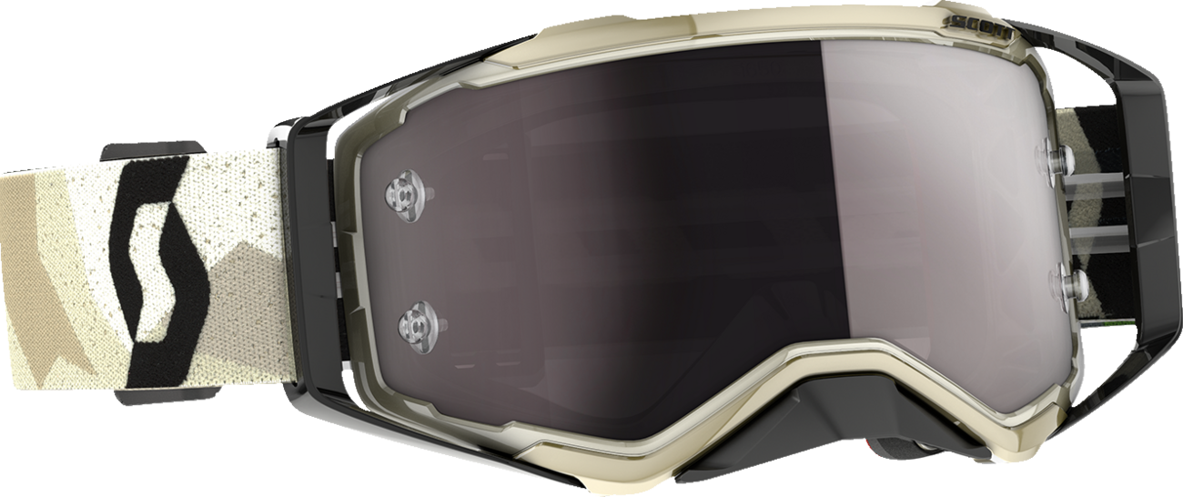 Scott Prospect goggles in camo beige and black with silver chrome finish, designed for motorcycle riding.