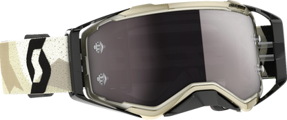 Scott Prospect goggles in camo beige and black with silver chrome finish, designed for motorcycle riding.