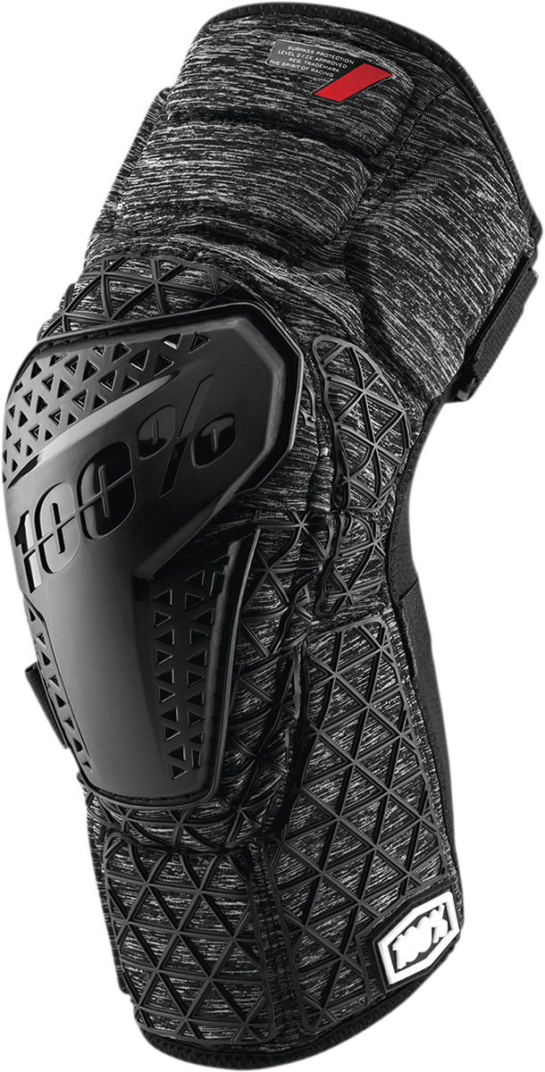 Gray and black 100% Surpass Knee Guards by Bill's Exhausts, large size, designed for knee protection and support.