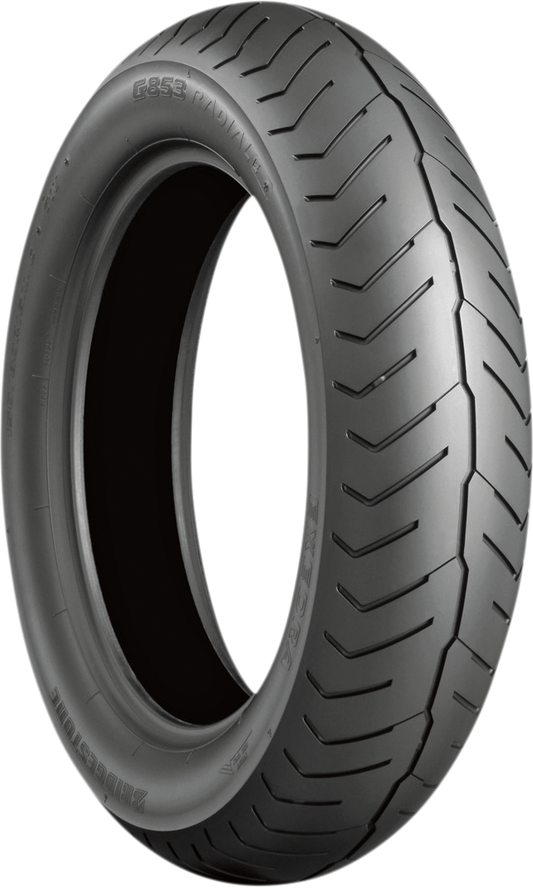 Bridgestone Exedra G853-E front motorcycle tire 150/80R16 71V showing tread pattern and sidewall details.