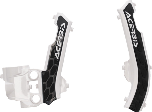 ACERBIS X-Grip Frame Guards in white and black for Gas Gas, Husqvarna, and KTM dirt bikes, mounted on motorcycle frame.
