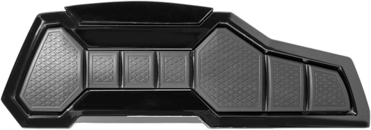 Kuryakyn Enygma motorcycle floorboards in gloss black with sleek design and textured surface for enhanced rider comfort.