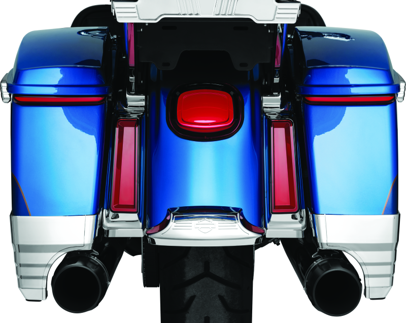Kuryakyn Tracer LED taillight with red lens and license plate light mounted on a Harley Davidson motorcycle.