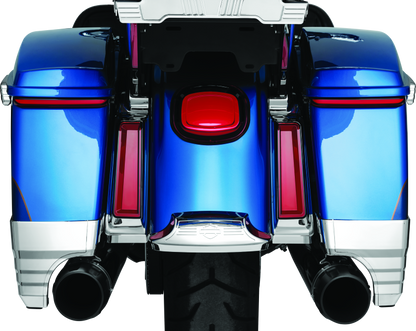 Kuryakyn Tracer LED taillight with red lens and license plate light mounted on a Harley Davidson motorcycle.