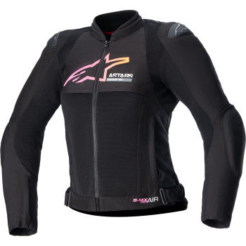 Alpinestars Stella SMX Air jacket in black, yellow, and pink, large size, featuring protective armor and breathable fabric.
