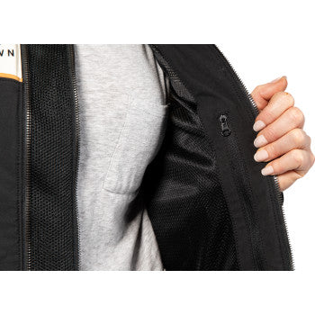 Black ICON Women's Hella 4™ jacket in medium size, featuring a sleek design and durable fabric, from Bill's Exhausts.