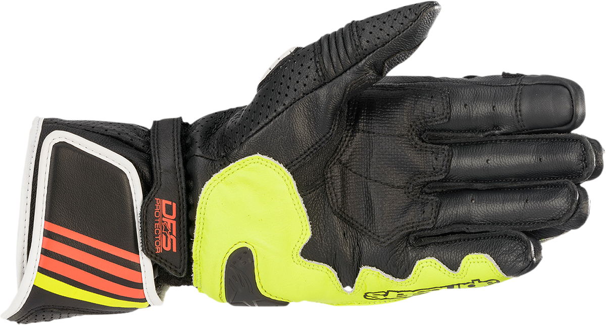 Alpinestars GP Plus R v2 motorcycle gloves in metallic gray, black, fluo yellow, and red, size large, with protective knuckles and ventilation.