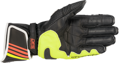 Alpinestars GP Plus R v2 motorcycle gloves in metallic gray, black, fluo yellow, and fluo red with padding and textured grip.